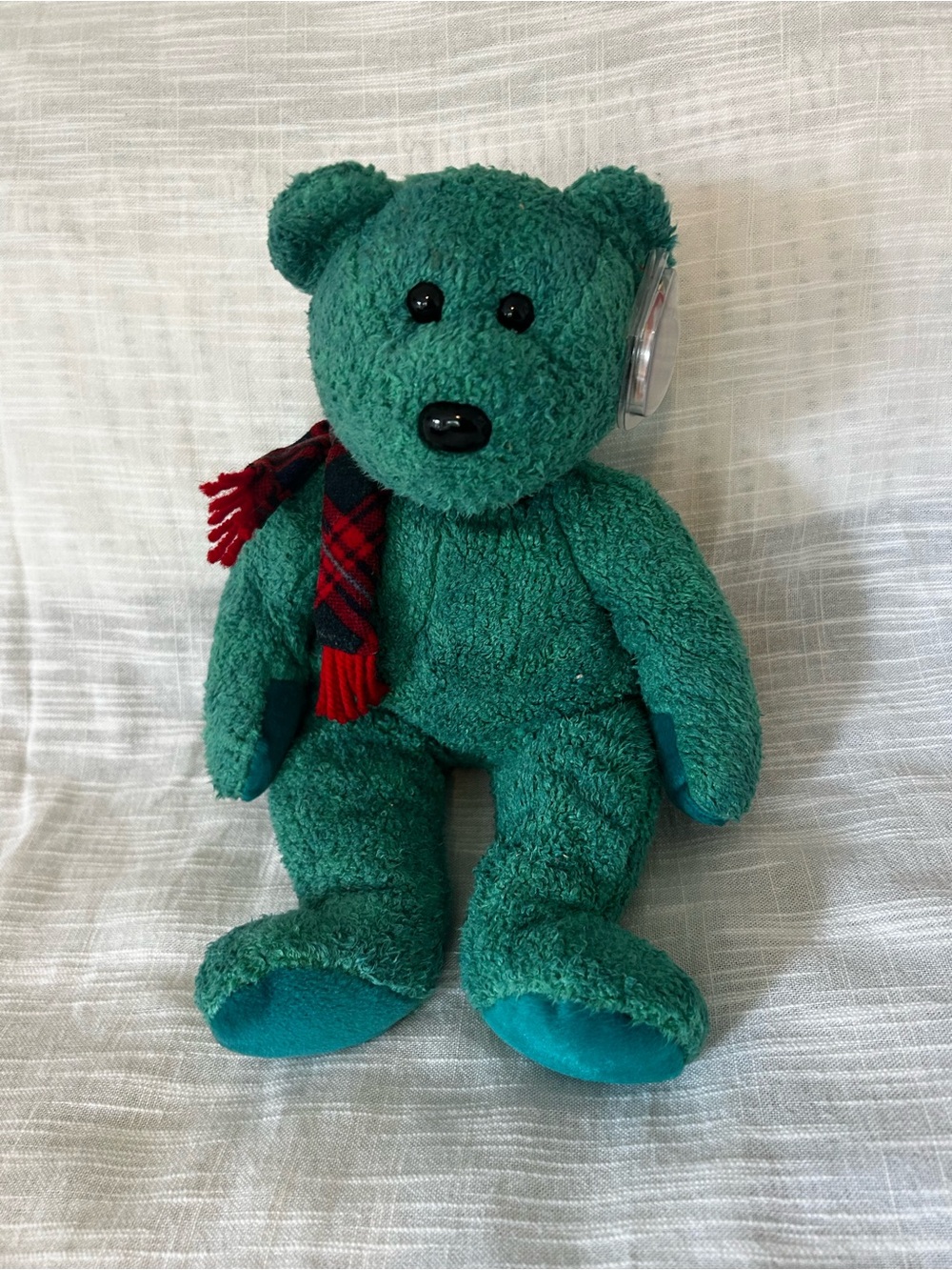 Ty Teal Green Plush Bear with Red Plaid Scarf
